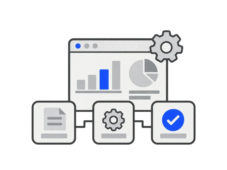 Connected workflow steps and a business dashboard.