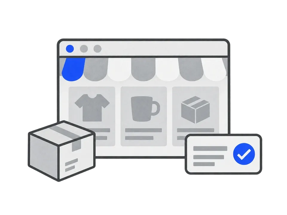 An online storefront, parcel and confirmed payment.