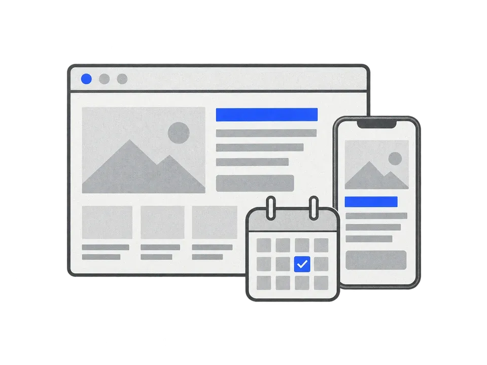 A website, mobile screen and booking calendar.